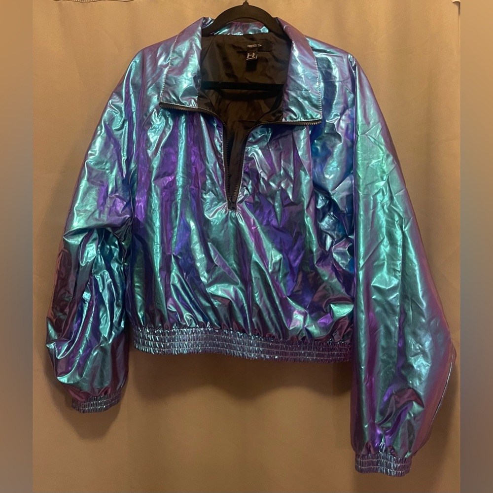 Forever 21 Iridescent Blue & Purple Cropped Wind Breaker Jacket